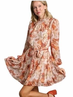 Umgee Autumn Floral Long Sleeve Dress Large Metallic Thread